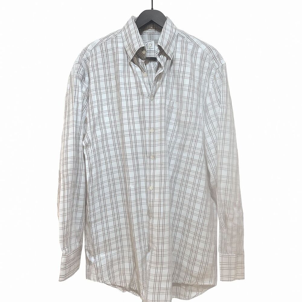 Peter Millar‎ Dress Shirt Mens L Button Down Collar Plaid Gray Beige Corpcore